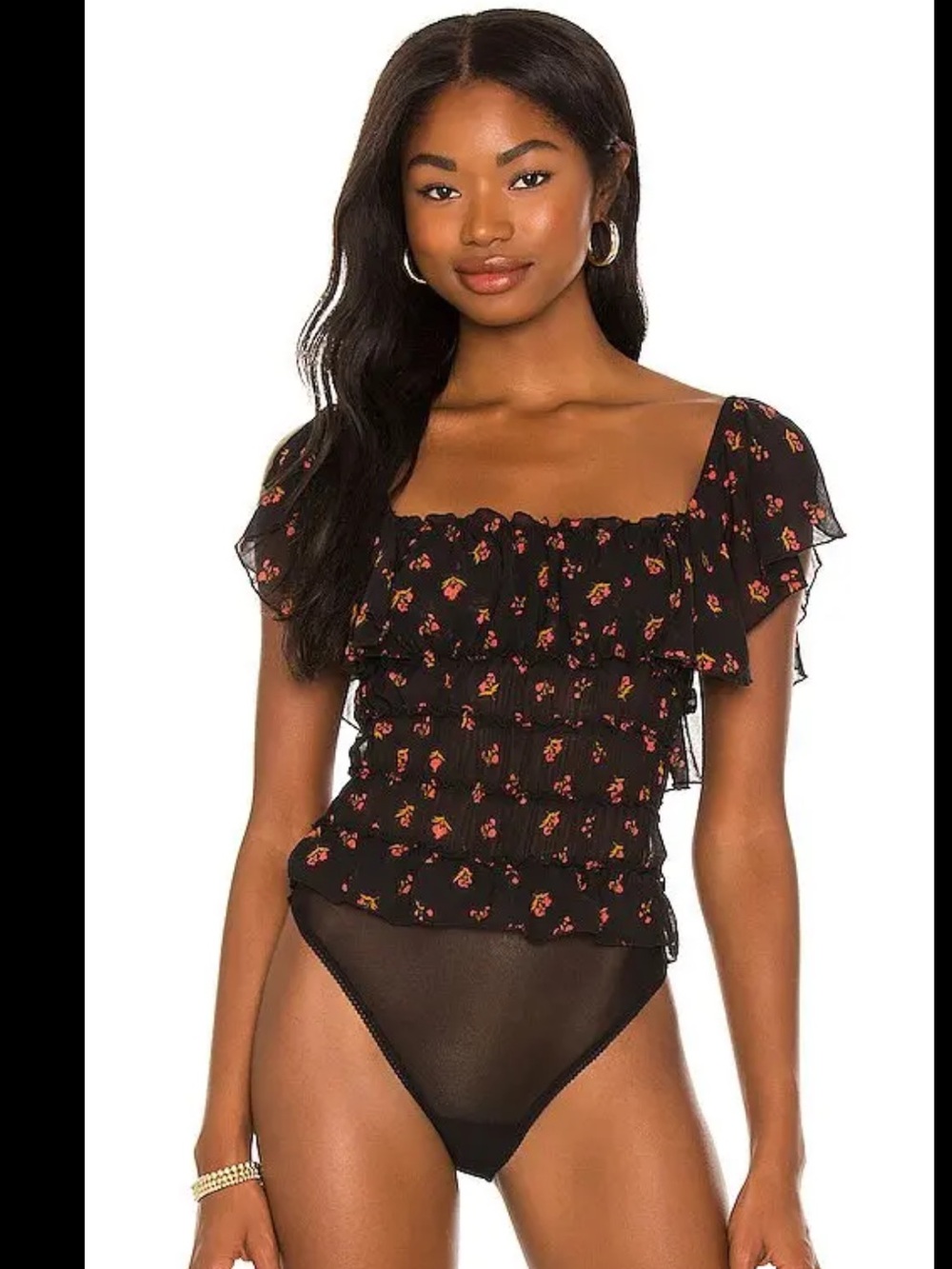 Intimately Free People Juliet Bodysuit Black Large Ruffle Sleeve Floral Top